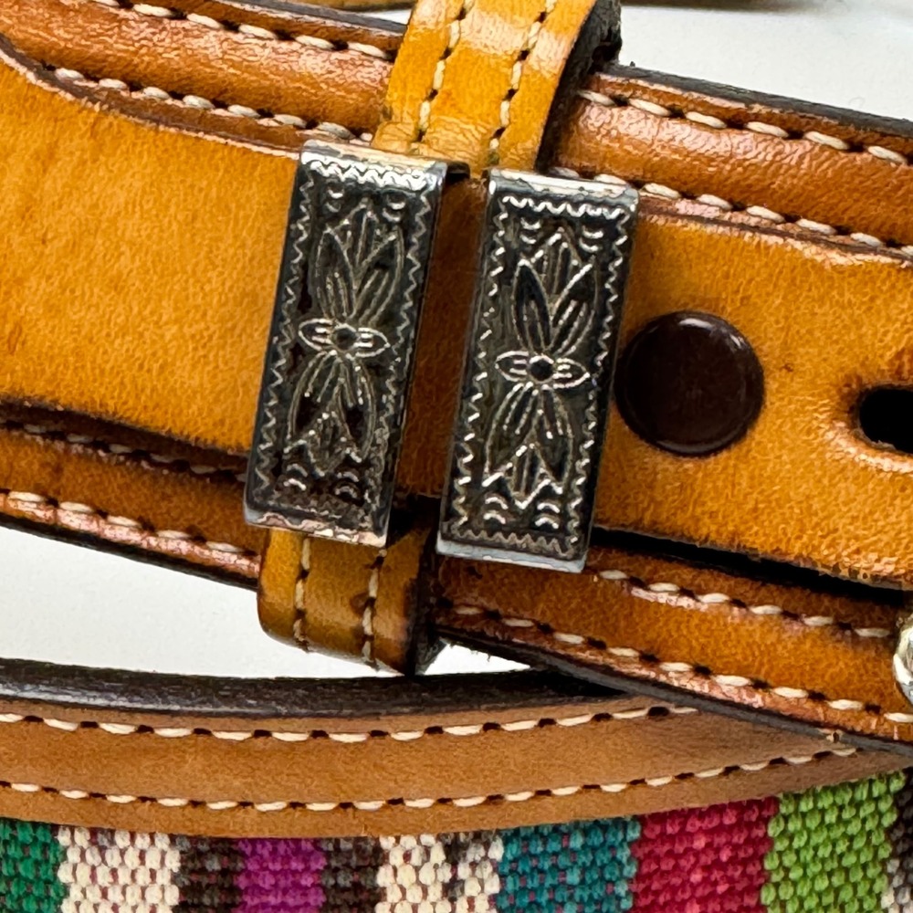 Vintage Nocona Leather Belt 33 Western Tooled Woven Inlay Silver Buckle colorful - Picture 2 of 8